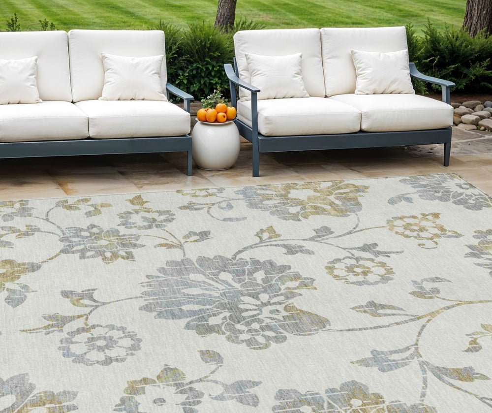 HomeRoots 9' Elegant Floral Area Rug in Ivory, Gray & Gold - Durable, Washable for Indoor & Outdoor Spaces 9' X 12' 589480