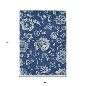 HomeRoots 5' Navy Blue and Gray Floral Area Rug – Durable, Washable Design Perfect for Indoor and Outdoor Spaces 5' X 8' 589483