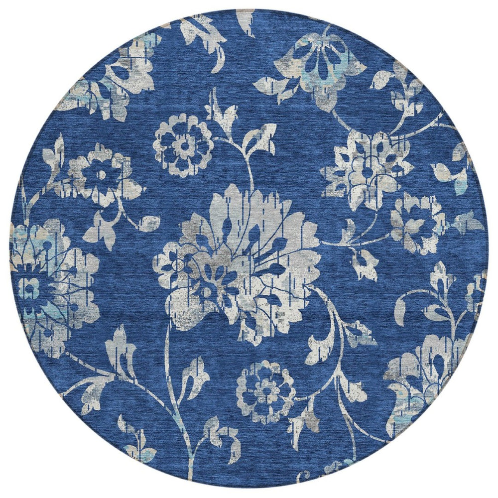 HomeRoots 5' Navy Blue and Gray Floral Area Rug – Durable, Washable Design Perfect for Indoor and Outdoor Spaces 8' Round 589484
