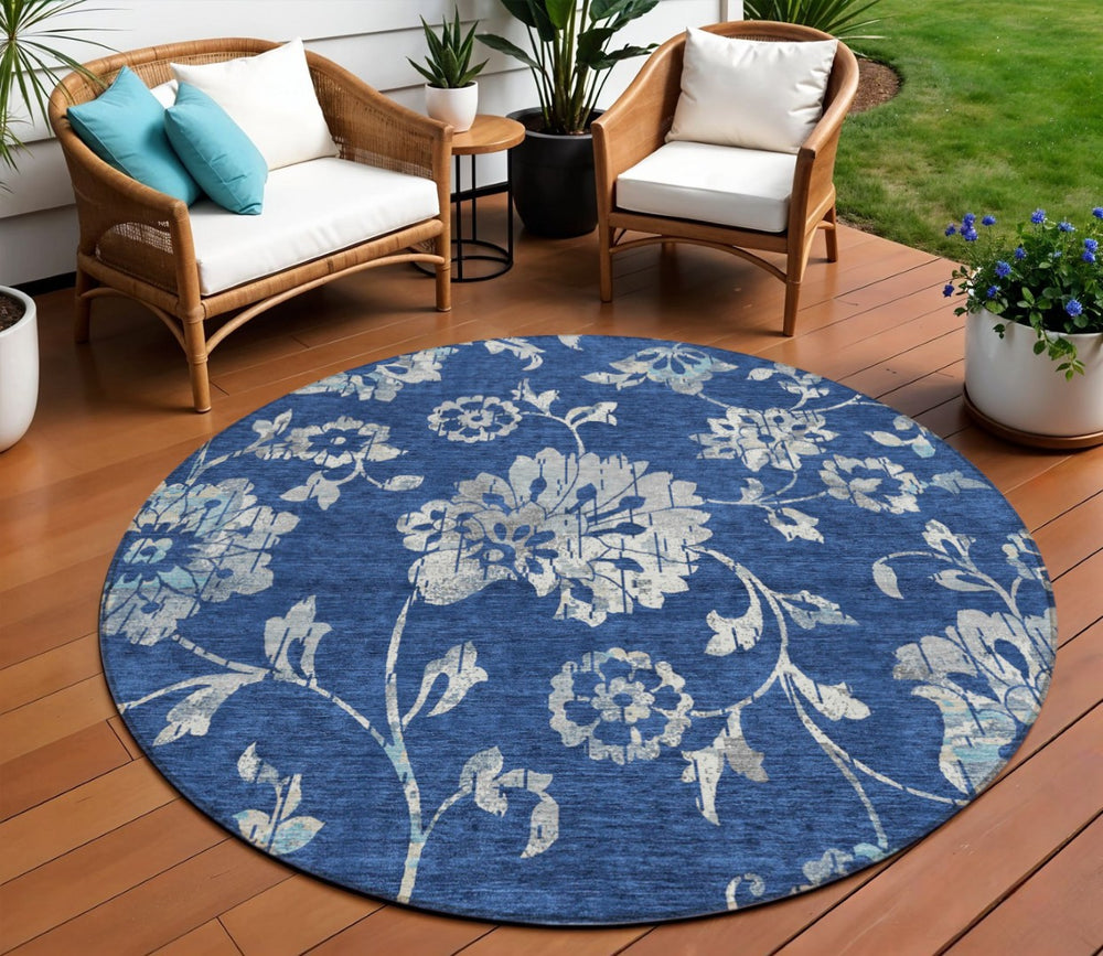 HomeRoots 5' Navy Blue and Gray Floral Area Rug – Durable, Washable Design Perfect for Indoor and Outdoor Spaces 8' Round 589484