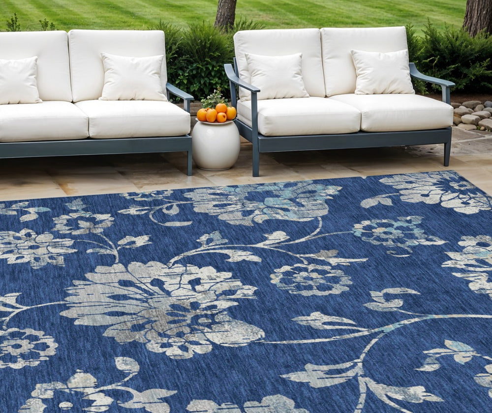 HomeRoots 9' Navy Blue and Gray Floral Indoor Outdoor Area Rug - Durable, Washable, Stylish Accent for Homes 9' X 12' 589486