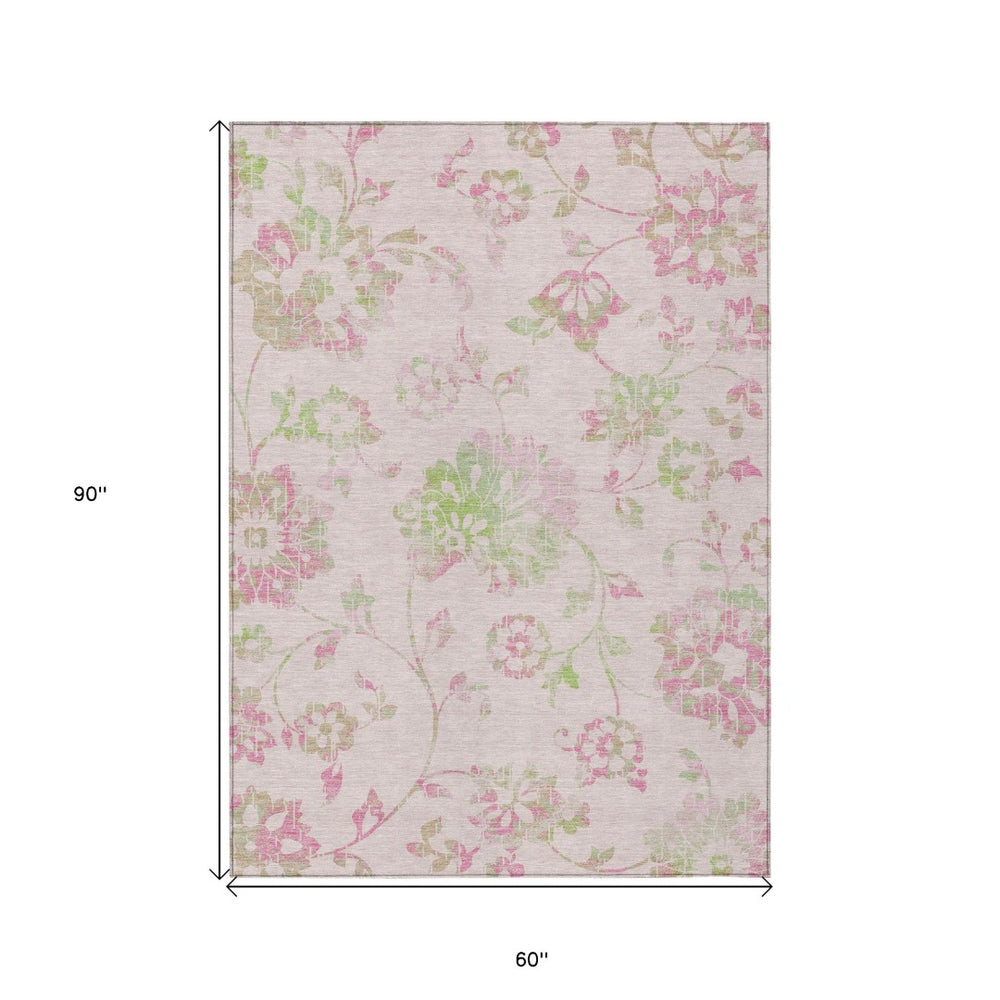 HomeRoots 5' Floral Washable Area Rug in Pink Blush & Artichoke Green for Indoor/Outdoor Spaces, Easy Care 5' X 8' 589489