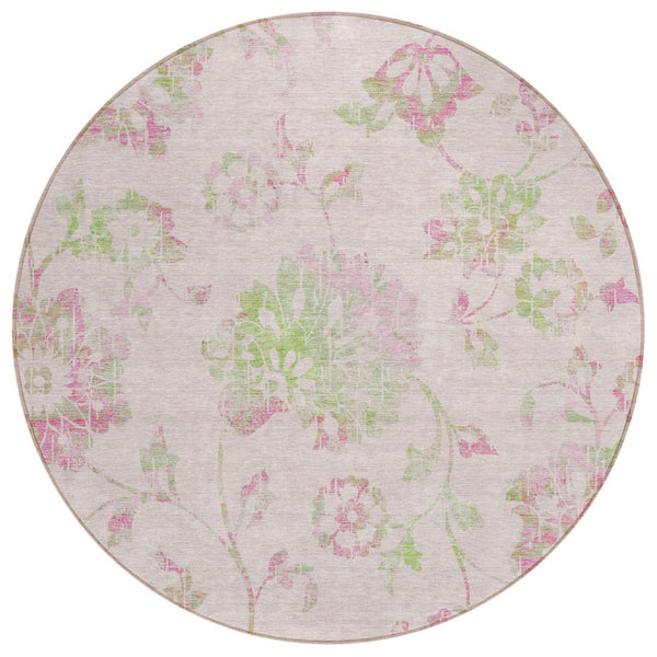 HomeRoots 5' Floral Washable Area Rug in Pink Blush & Artichoke Green for Indoor/Outdoor Spaces, Easy Care 8' Round 589490
