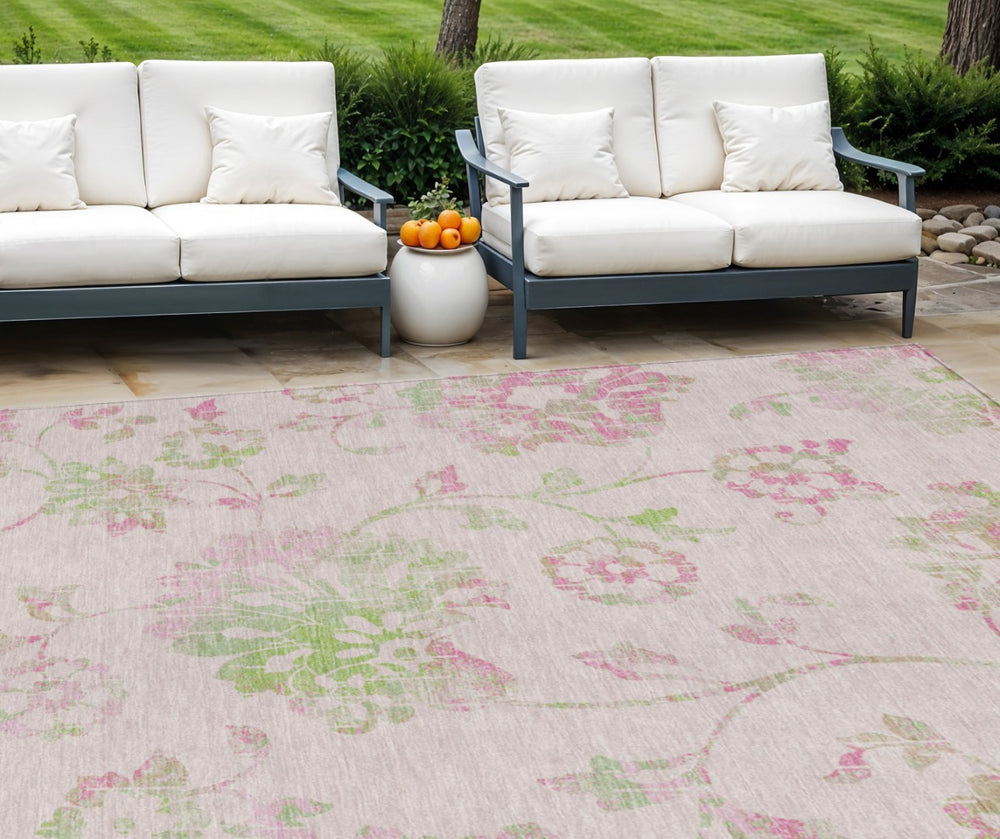 HomeRoots 9' Pink Blush and Artichoke Green Floral Indoor Outdoor Area Rug – Washable, Durable, Stylish Design 9' X 12' 589492