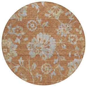 HomeRoots 5' Vibrant Orange Copper and Gray Floral Washable Area Rug for Stylish Indoor and Outdoor Spaces 8' Round 589496