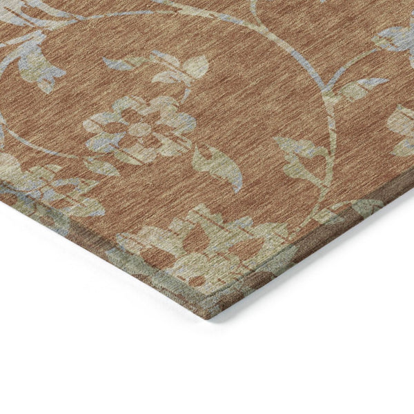 HomeRoots 5' Vibrant Orange Copper and Gray Floral Washable Area Rug for Stylish Indoor and Outdoor Spaces 8' Round 589496