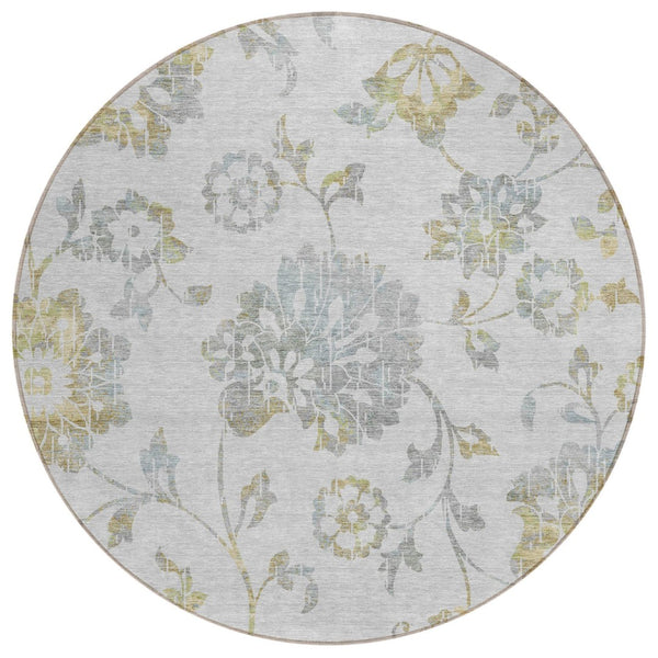 HomeRoots 5' Elegant Silver Gray and Gold Floral Area Rug – Durable, Washable, Indoor/Outdoor Versatility 8' Round 589502