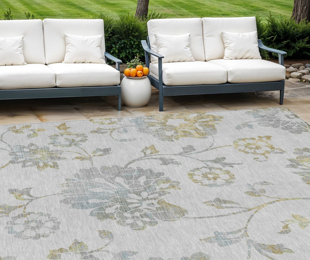 HomeRoots 5' Elegant Silver Gray and Gold Floral Area Rug – Durable, Washable, Indoor/Outdoor Versatility 10' X 14' 589505