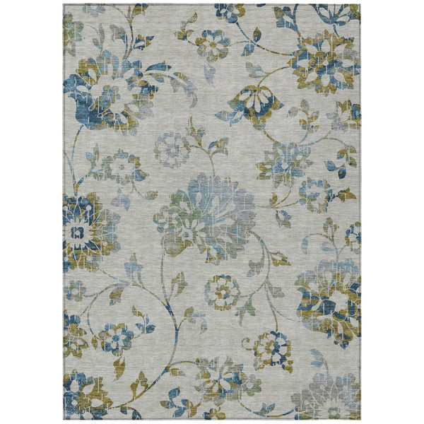 HomeRoots 5' Floral Area Rug in Taupe, Navy & Denim Blue - Durable, Machine Washable for Indoor & Outdoor Use 5' X 8' 589507