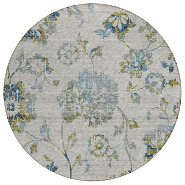 HomeRoots 5' Floral Area Rug in Taupe, Navy & Denim Blue - Durable, Machine Washable for Indoor & Outdoor Use 8' Round 589508