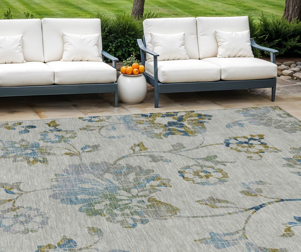 HomeRoots 9' Washable Floral Indoor Outdoor Area Rug in Taupe, Navy, & Denim Blue for Timeless Style & Durability 9' X 12' 589510