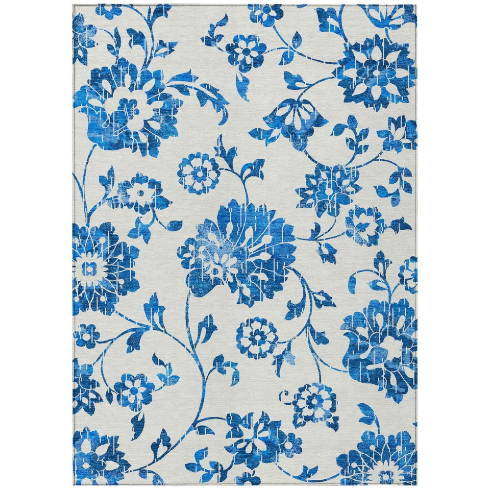 HomeRoots 9' Elegant Floral Area Rug in White and Denim Blue for Stylish Indoor and Outdoor Spaces, Easy Care 9' X 12' 589516