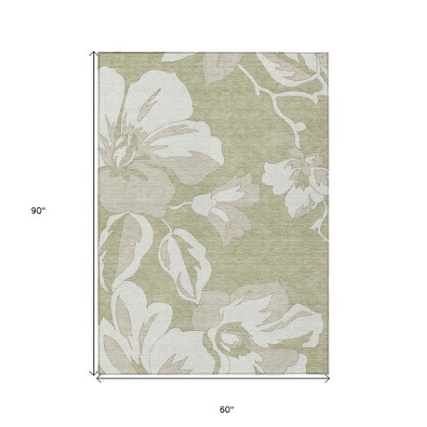 Homeroots 3' Artichoke Green Floral Washable Area Rug - Durable, Stylish Design For Indoor & Outdoor Use 5' X 8' Polyester 589519