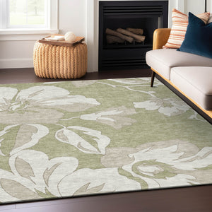 Homeroots 3' Artichoke Green Floral Washable Area Rug - Durable, Stylish Design For Indoor & Outdoor Use 5' X 8' Polyester 589519