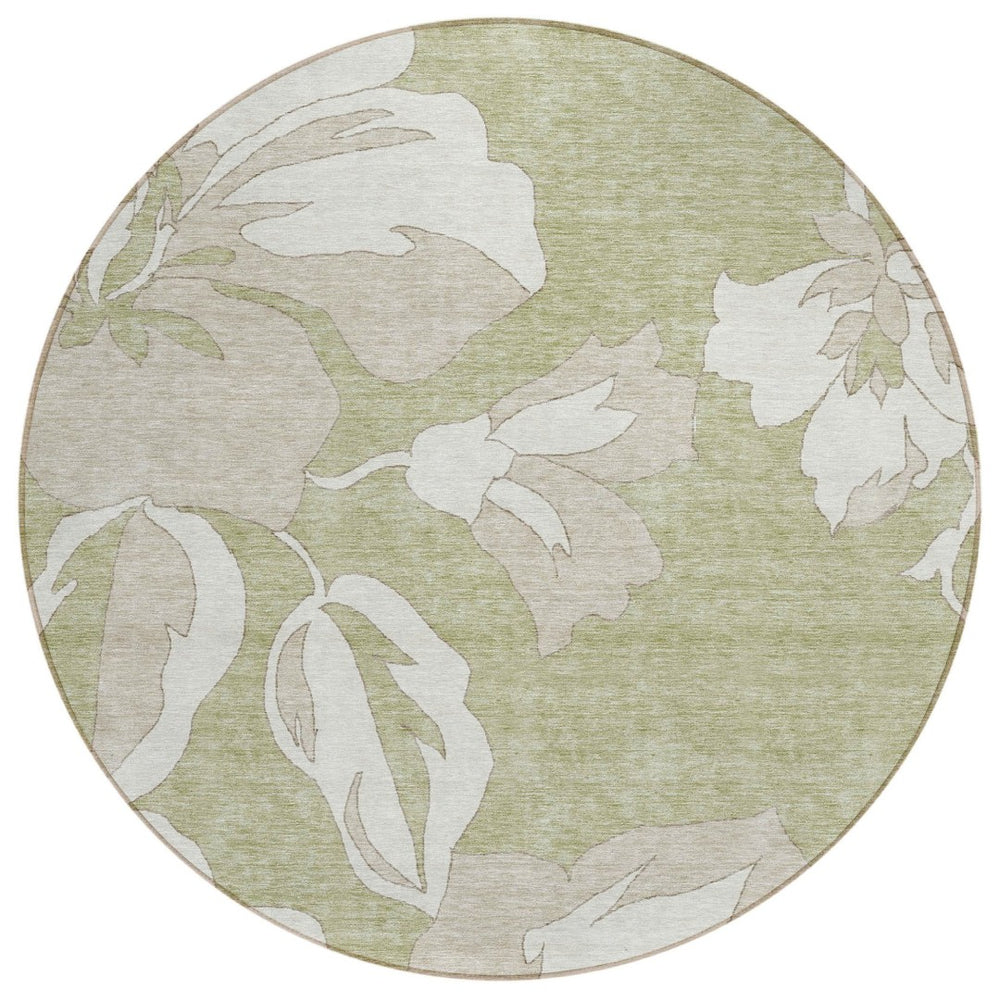 HomeRoots 5' Indoor/Outdoor Area Rug in Artichoke Green, Ivory & Taupe - Washable Floral Design for Versatile Use 8' Round 589520