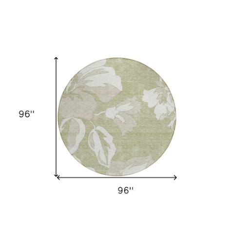 Homeroots 3' Artichoke Green Floral Washable Area Rug - Durable, Stylish Design For Indoor & Outdoor Use 8' Round Polyester 589520