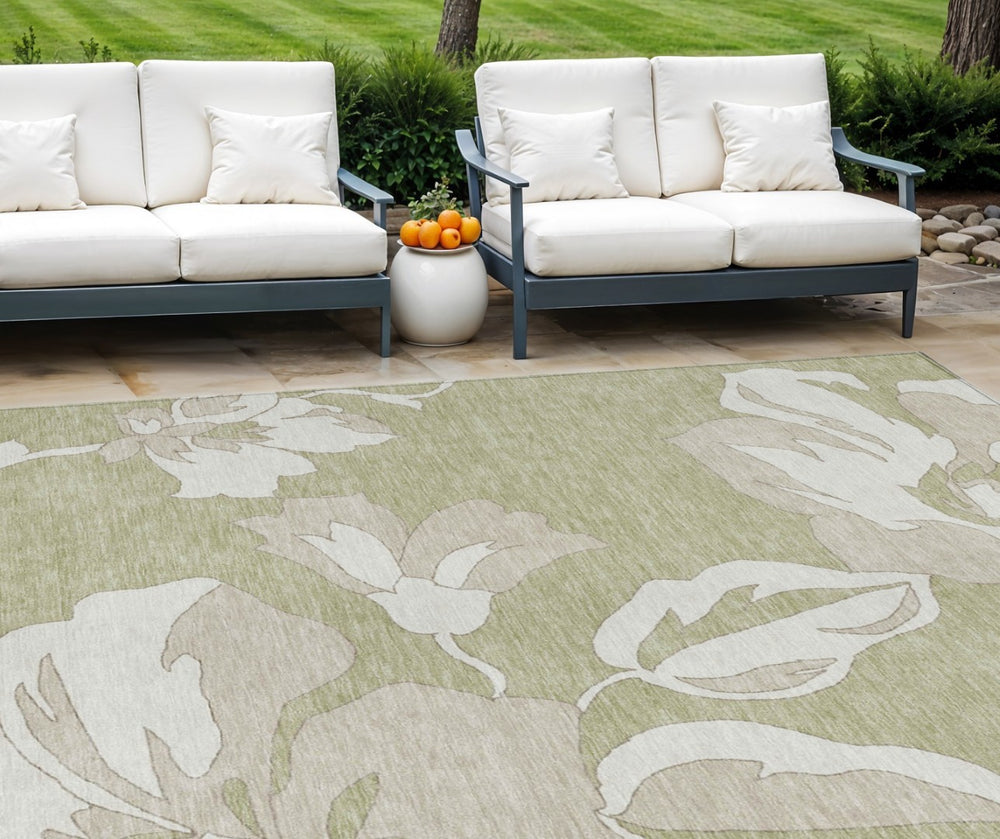 HomeRoots 9' Timeless Floral Elegance Area Rug in Artichoke Green, Ivory & Taupe - Washable & Durable Design 9' X 12' 589522