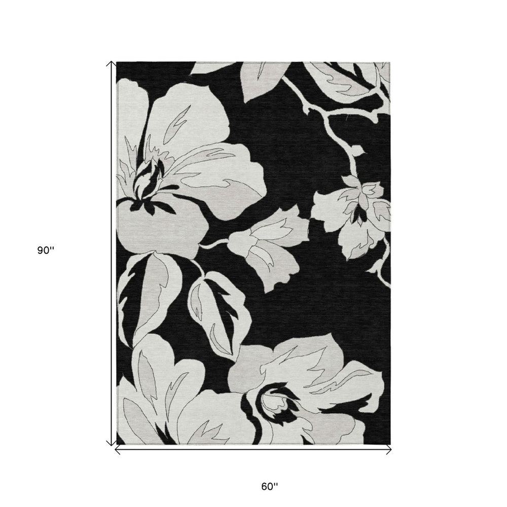 HomeRoots 5' Elegant Black Gray Silver Floral Area Rug - Durable, Washable, Versatile for Indoor & Outdoor Use 5' X 8' 589525