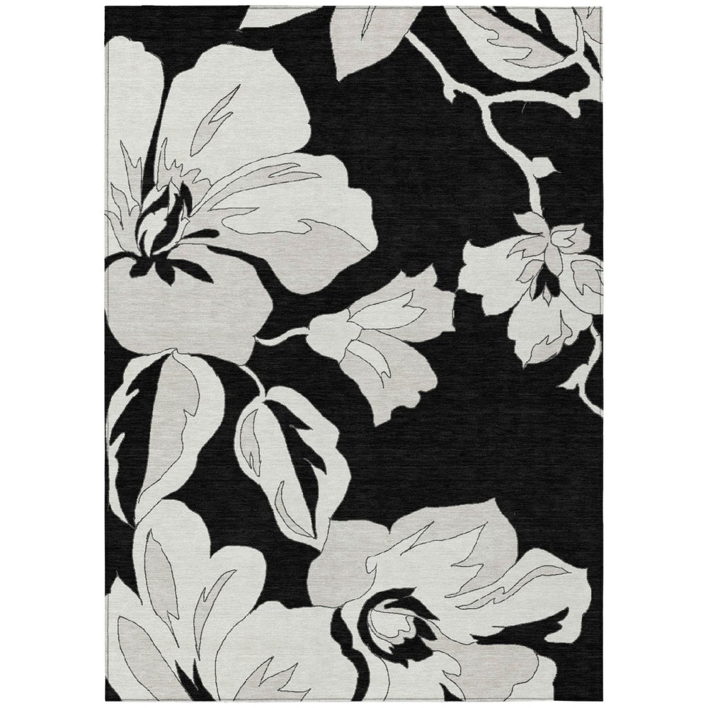 HomeRoots 5' Elegant Black Gray Silver Floral Area Rug - Durable, Washable, Versatile for Indoor & Outdoor Use 5' X 8' 589525