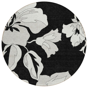 HomeRoots 5' Elegant Black Gray Silver Floral Area Rug - Durable, Washable, Versatile for Indoor & Outdoor Use 8' Round 589526