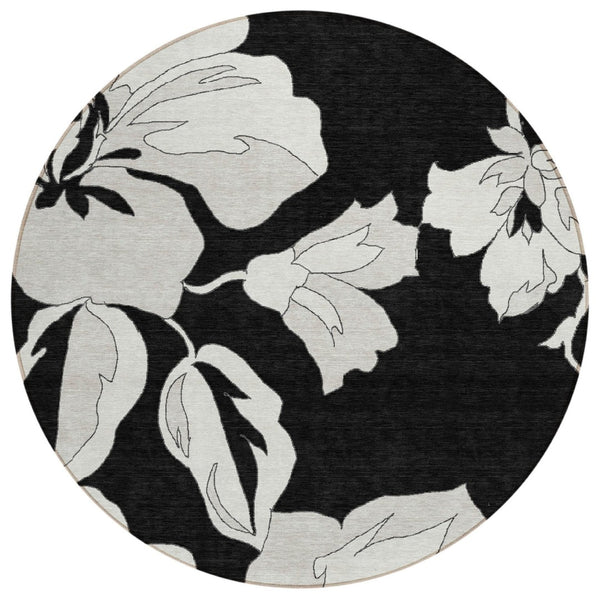 HomeRoots 5' Elegant Black Gray Silver Floral Area Rug - Durable, Washable, Versatile for Indoor & Outdoor Use 8' Round 589526
