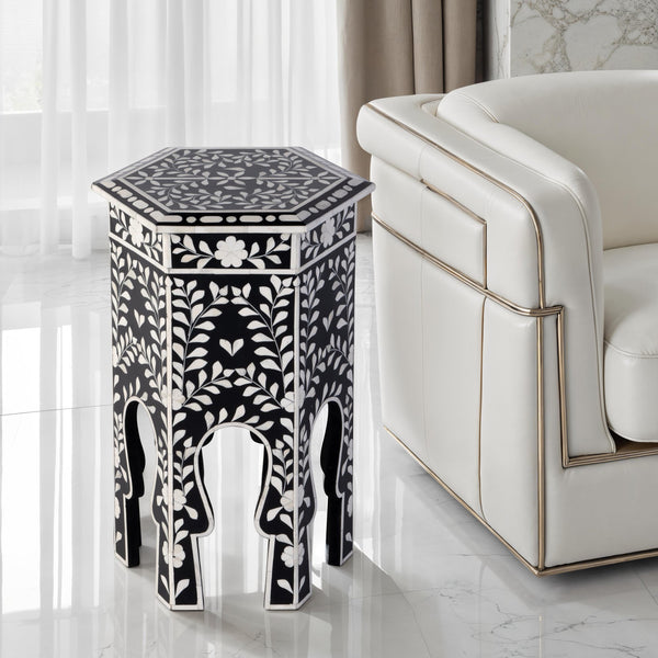Butler Specialty Butler Amaya 16" Hexagon Bone Inlay Side Table – Elegant Black & White Accent For Timeless Style Black,White Mdf,Resin,Bone,Inlay 5895318-butler