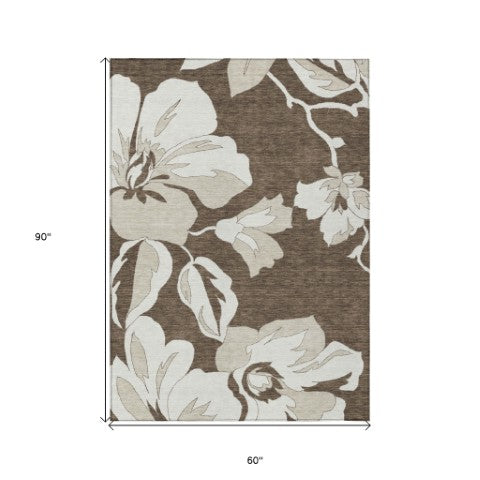 Homeroots 3' Artichoke Green Floral Washable Area Rug - Durable, Stylish Design For Indoor & Outdoor Use 5' X 8' Polyester 589531