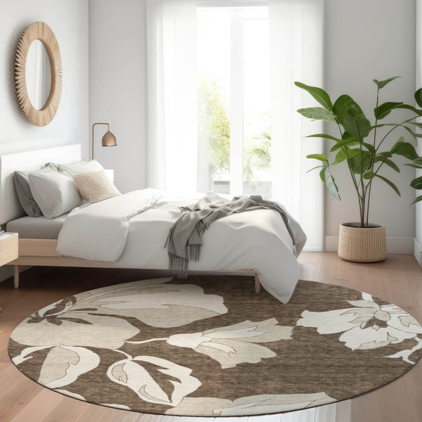 Homeroots 3' Artichoke Green Floral Washable Area Rug - Durable, Stylish Design For Indoor & Outdoor Use 8' Round Polyester 589532