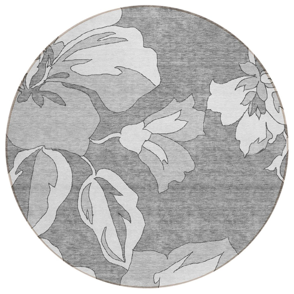 HomeRoots 5' Gray and Silver Floral Area Rug - Durable, Washable Design Perfect for Indoor and Outdoor Spaces 8' Round 589538