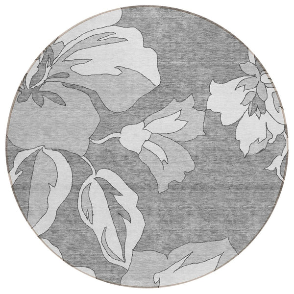 HomeRoots 5' Gray and Silver Floral Area Rug - Durable, Washable Design Perfect for Indoor and Outdoor Spaces 8' Round 589538