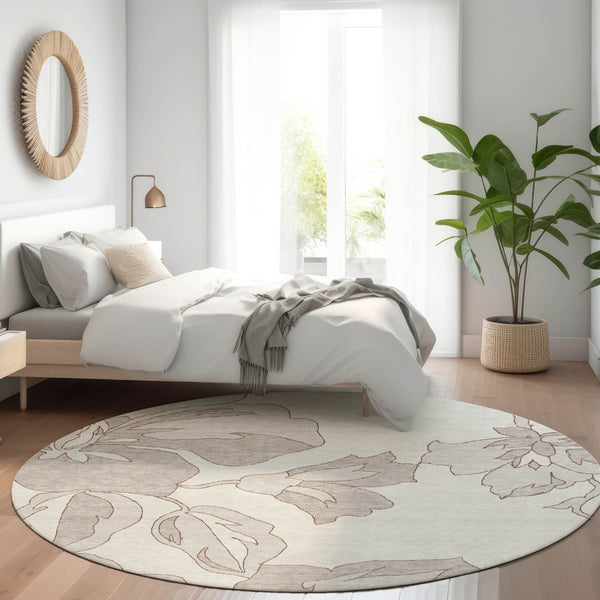 Homeroots 3' Artichoke Green Floral Washable Area Rug - Durable, Stylish Design For Indoor & Outdoor Use 8' Round Polyester 589544