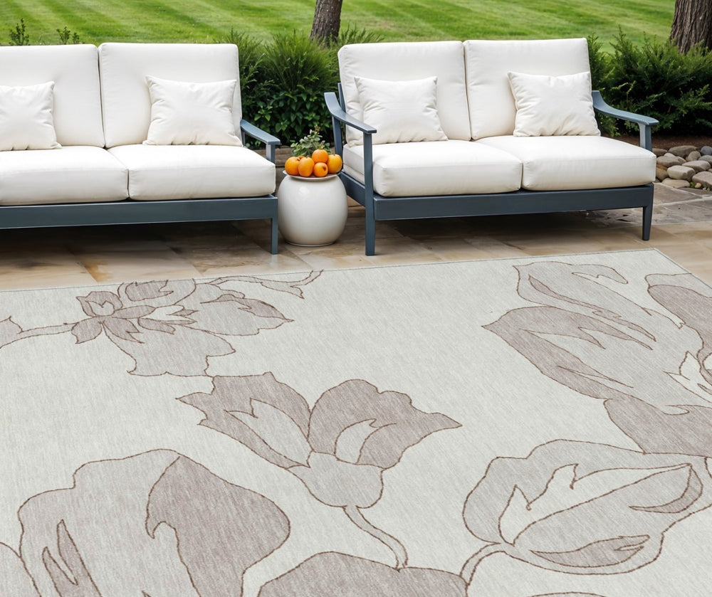 HomeRoots 5' Elegant Floral Area Rug in Ivory Beige and Taupe - Durable, Washable for Indoor and Outdoor Use 10' X 14' 589547