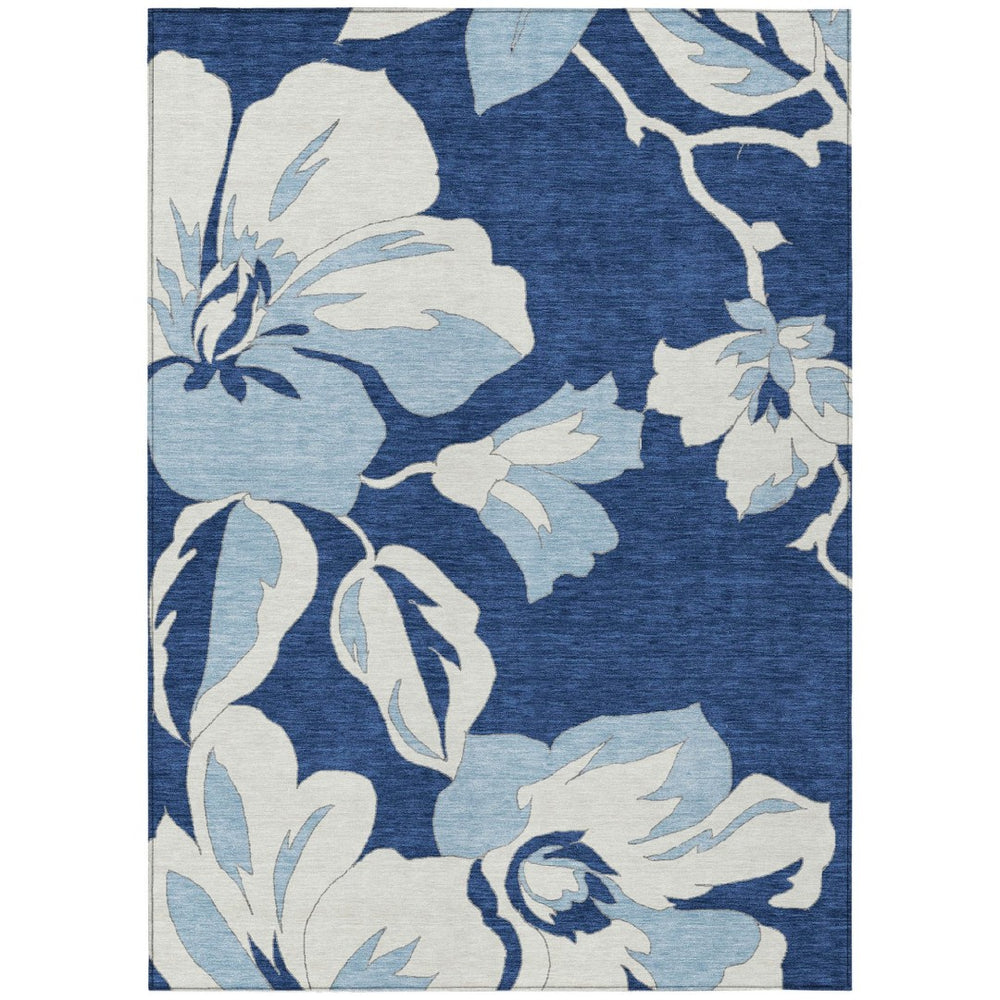 HomeRoots 5' Navy Blue Floral Washable Area Rug for Indoor & Outdoor Spaces - Durable & Easy-Care Design 5' X 8' 589555