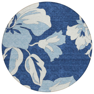 HomeRoots 5' Navy Blue Floral Washable Area Rug for Indoor & Outdoor Spaces - Durable & Easy-Care Design 8' Round 589556