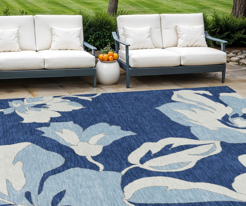 HomeRoots 9' Navy Blue Floral Washable Area Rug - Durable, Stylish, and Perfect for Indoor & Outdoor Spaces 9' X 12' 589558