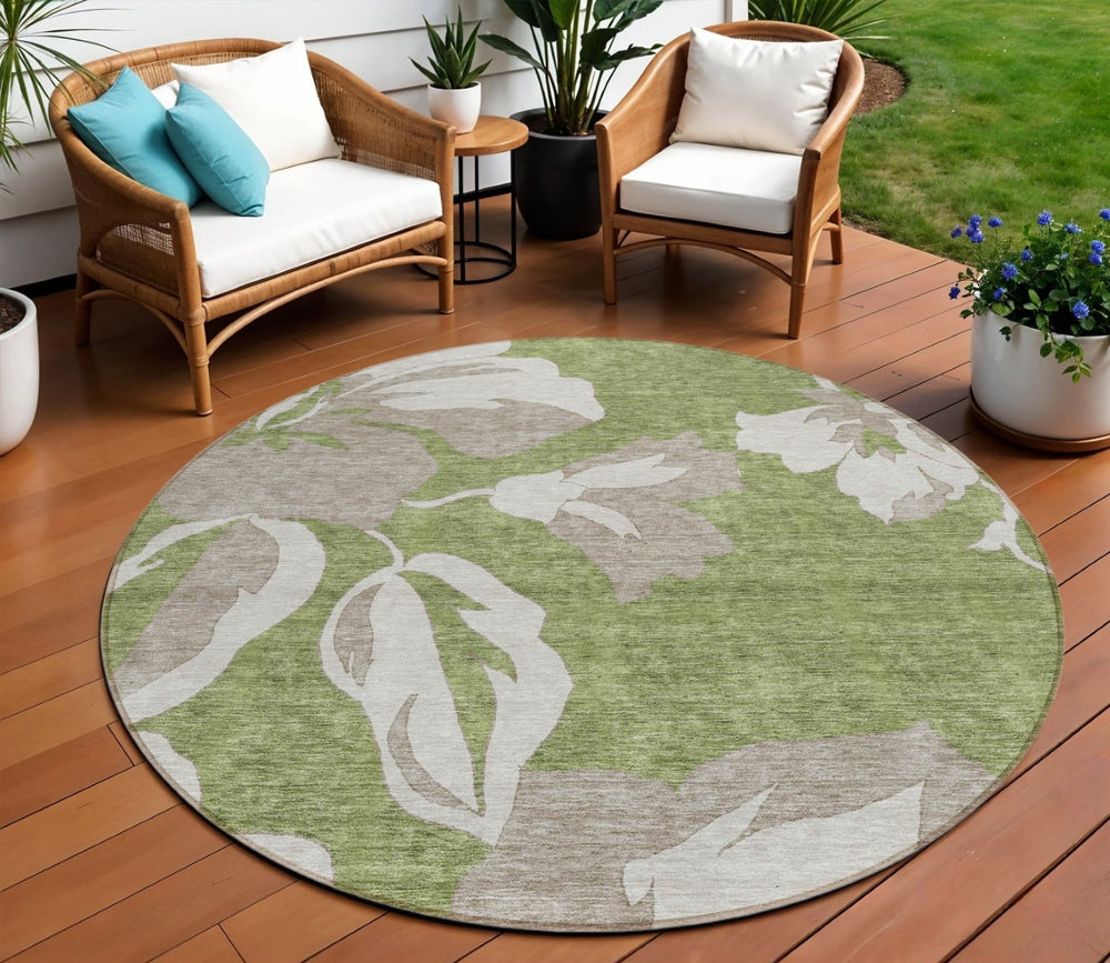 HomeRoots 5' Floral Washable Area Rug in Olive Green, Taupe, and Beige for Stylish Indoor & Outdoor Use 8' Round 589562