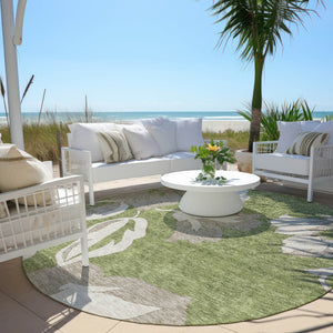 Homeroots 3' Artichoke Green Floral Washable Area Rug - Durable, Stylish Design For Indoor & Outdoor Use 8' Round Polyester 589562