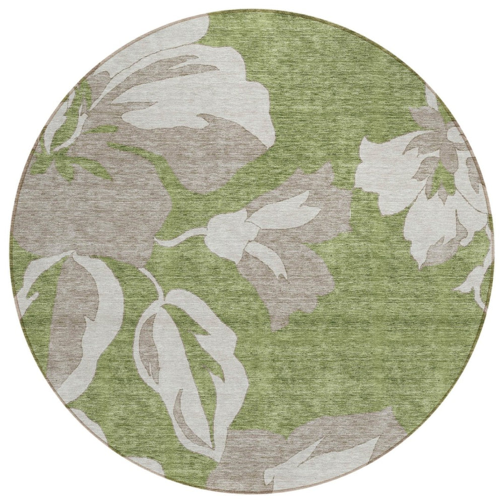 HomeRoots 5' Floral Washable Area Rug in Olive Green, Taupe, and Beige for Stylish Indoor & Outdoor Use 8' Round 589562