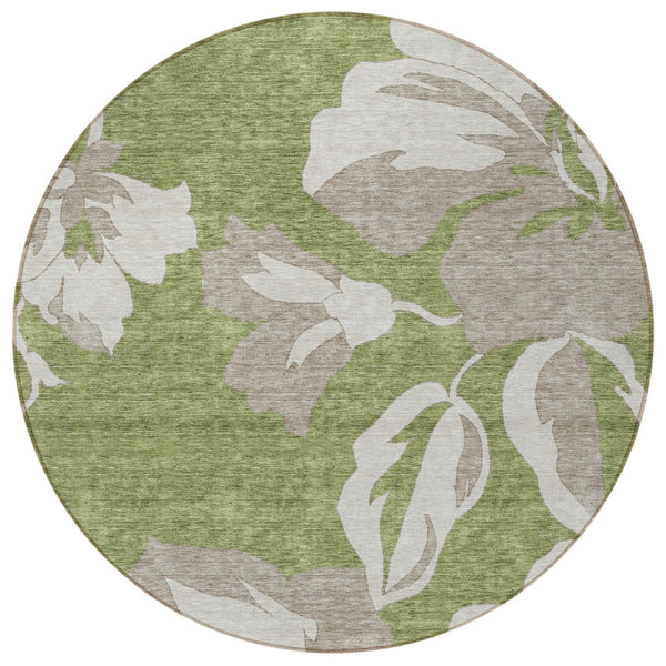 Homeroots 3' Artichoke Green Floral Washable Area Rug - Durable, Stylish Design For Indoor & Outdoor Use 8' Round Polyester 589562