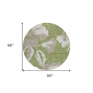 Homeroots 3' Artichoke Green Floral Washable Area Rug - Durable, Stylish Design For Indoor & Outdoor Use 8' Round Polyester 589562