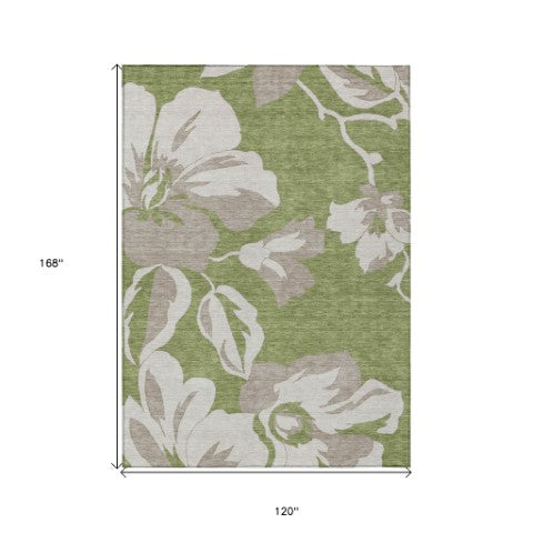 Homeroots 3' Artichoke Green Floral Washable Area Rug - Durable, Stylish Design For Indoor & Outdoor Use 10' X 14' Polyester 589565