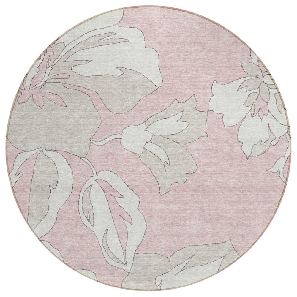 HomeRoots 5' Elegant Floral Washable Area Rug in Soft Pink, Ivory, and Beige for Indoor and Outdoor Use 8' Round 589568