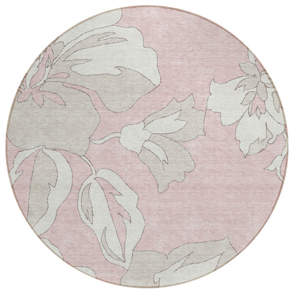 HomeRoots 5' Elegant Floral Washable Area Rug in Soft Pink, Ivory, and Beige for Indoor and Outdoor Use 8' Round 589568