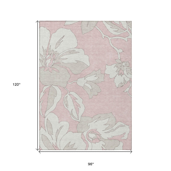 HomeRoots 5' Elegant Floral Washable Area Rug in Soft Pink, Ivory, and Beige for Indoor and Outdoor Use 8' X 10' 589569