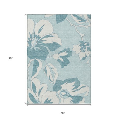 Homeroots 3' Artichoke Green Floral Washable Area Rug - Durable, Stylish Design For Indoor & Outdoor Use 5' X 8' Polyester 589573