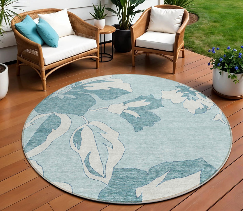 HomeRoots 5' Vibrant Teal Blue Aqua Floral Indoor Outdoor Area Rug - Washable, Durable, Pet-Friendly Design 8' Round 589574