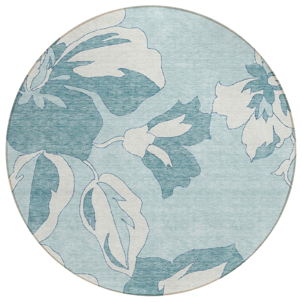 HomeRoots 5' Vibrant Teal Blue Aqua Floral Indoor Outdoor Area Rug - Washable, Durable, Pet-Friendly Design 8' Round 589574
