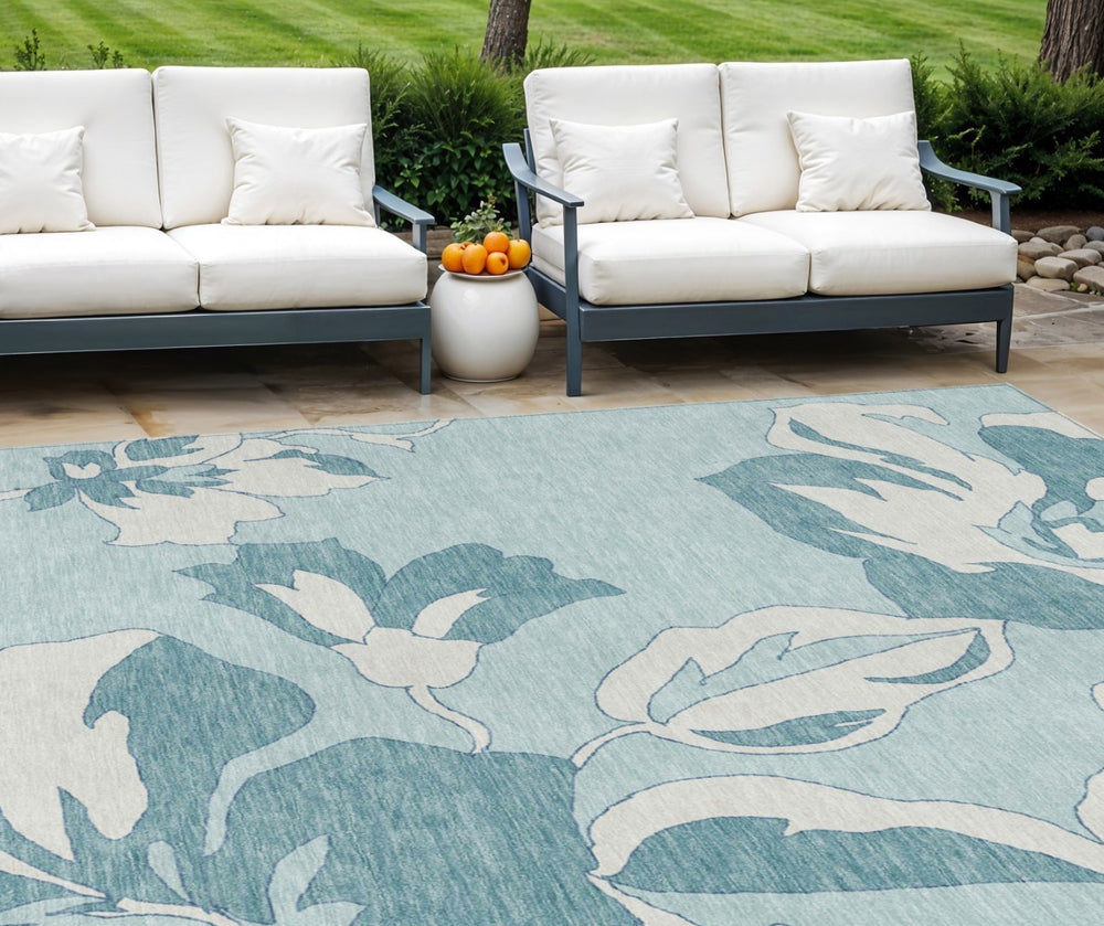 HomeRoots 9' Vibrant Teal Blue Aqua Floral Area Rug - Washable, Durable, Indoor & Outdoor Essential for Versatility 9' X 12' 589576
