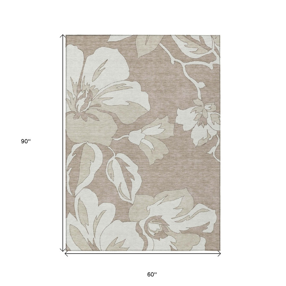 HomeRoots 5' Elegant Floral Indoor Outdoor Area Rug in Taupe, Beige, and Ivory – Machine Washable & Durable 5' X 8' 589579