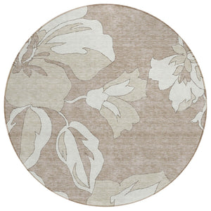 HomeRoots 5' Elegant Floral Indoor Outdoor Area Rug in Taupe, Beige, and Ivory – Machine Washable & Durable 8' Round 589580